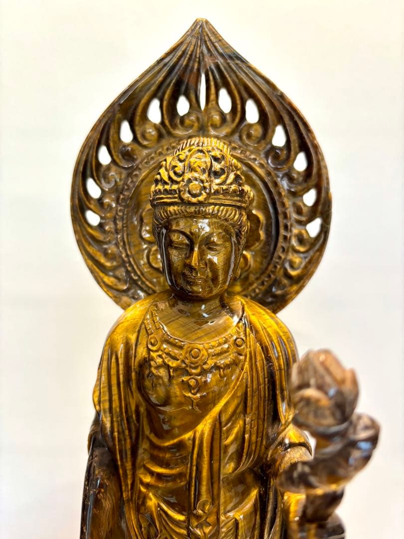 #タイガーアイ製 聖観音菩薩立像 ガラスケース 観世音菩薩　高さ約40cm