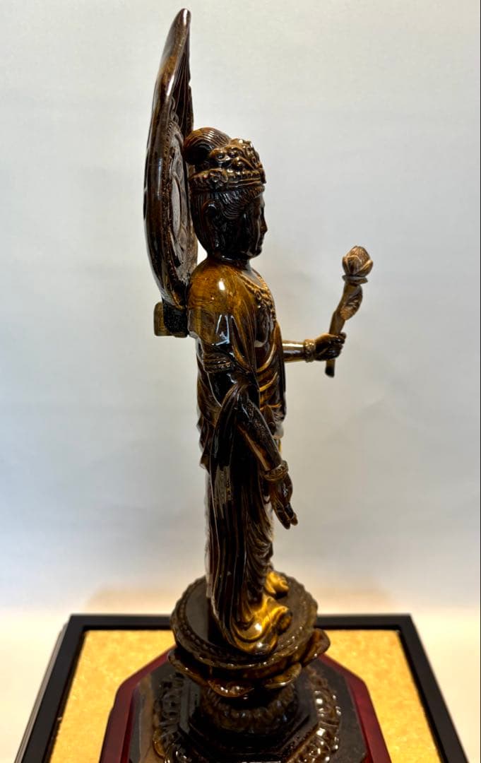 #タイガーアイ製 聖観音菩薩立像 ガラスケース 観世音菩薩　高さ約40cm