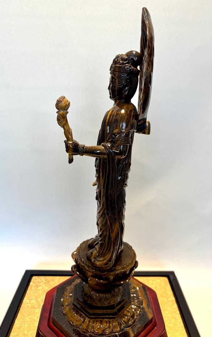 #タイガーアイ製 聖観音菩薩立像 ガラスケース 観世音菩薩　高さ約40cm