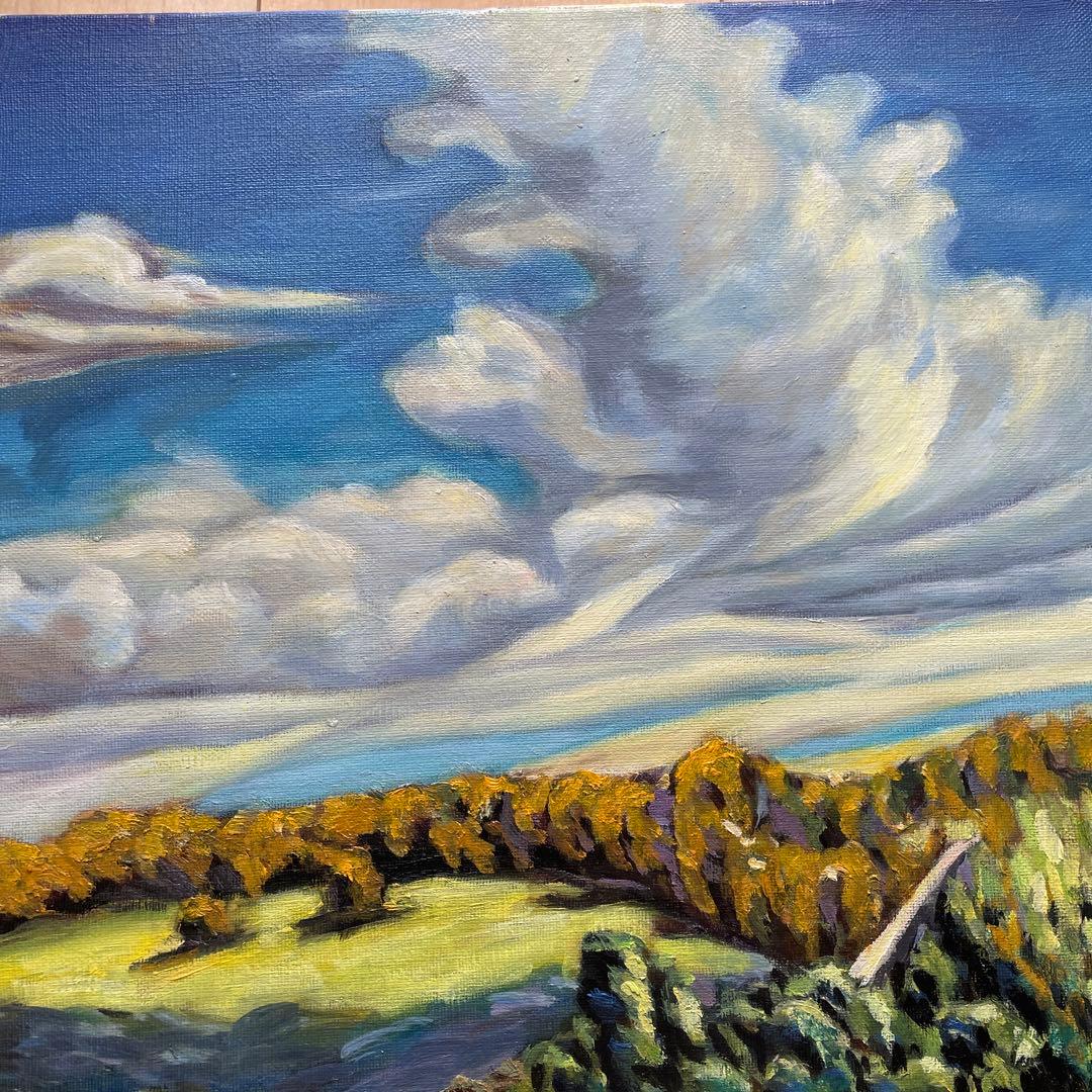 油彩画 青空と草原の風景