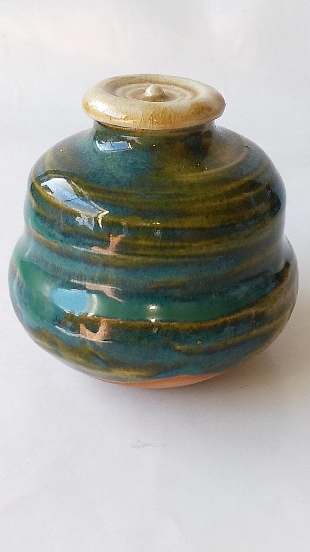 古瀬戸 緑釉 茶入 加藤作助 作 仕覆 笹蔓緞子 共箱 茶入 茶道具 美品 です