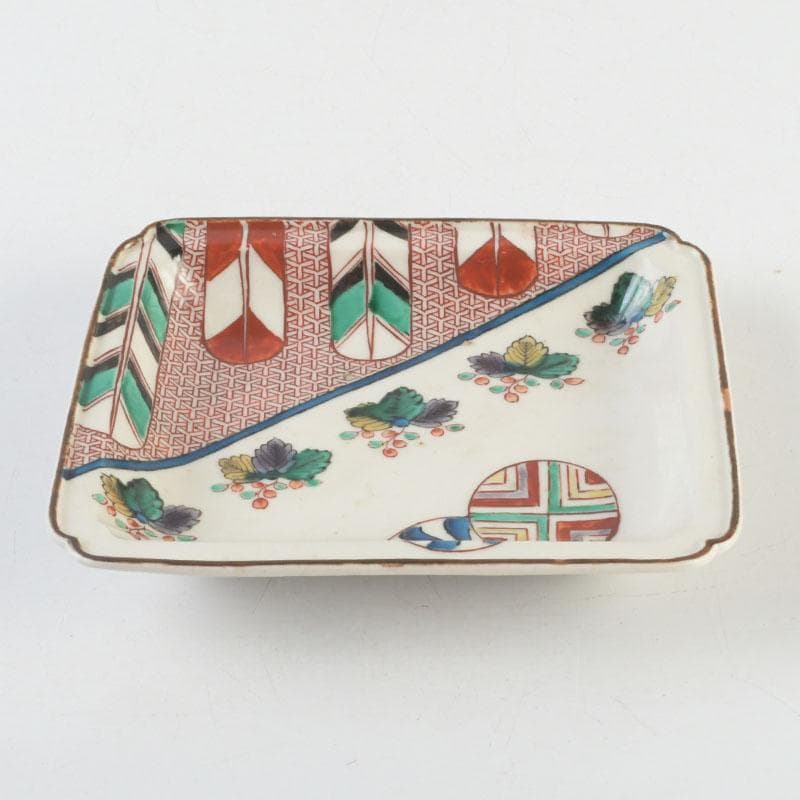 九谷焼　古九谷　角福銘　色絵花草文　四方皿　時代箱　C　9248