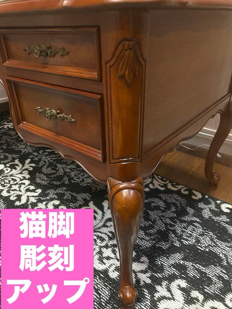 最高級♦️猫脚 彫刻 象嵌♦️希少 アンティーク プレジデント 両袖 デスク♦️送料込