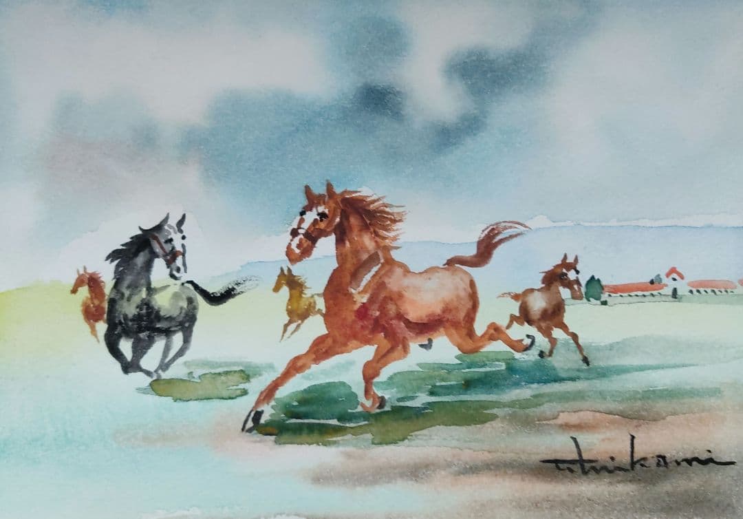 三上隆彦 馬 絵 金額縁 本物 馬の三く上 サラブレッド 競走馬