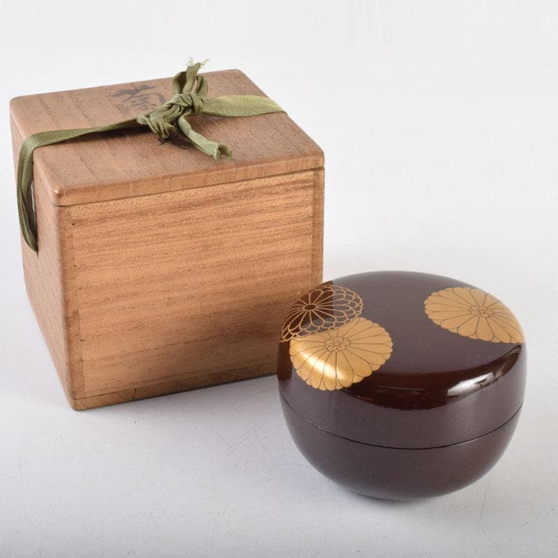 茶道具　御塗師　満田道志作　菊蒔絵　平棗　久田流家元極め箱　V　8771