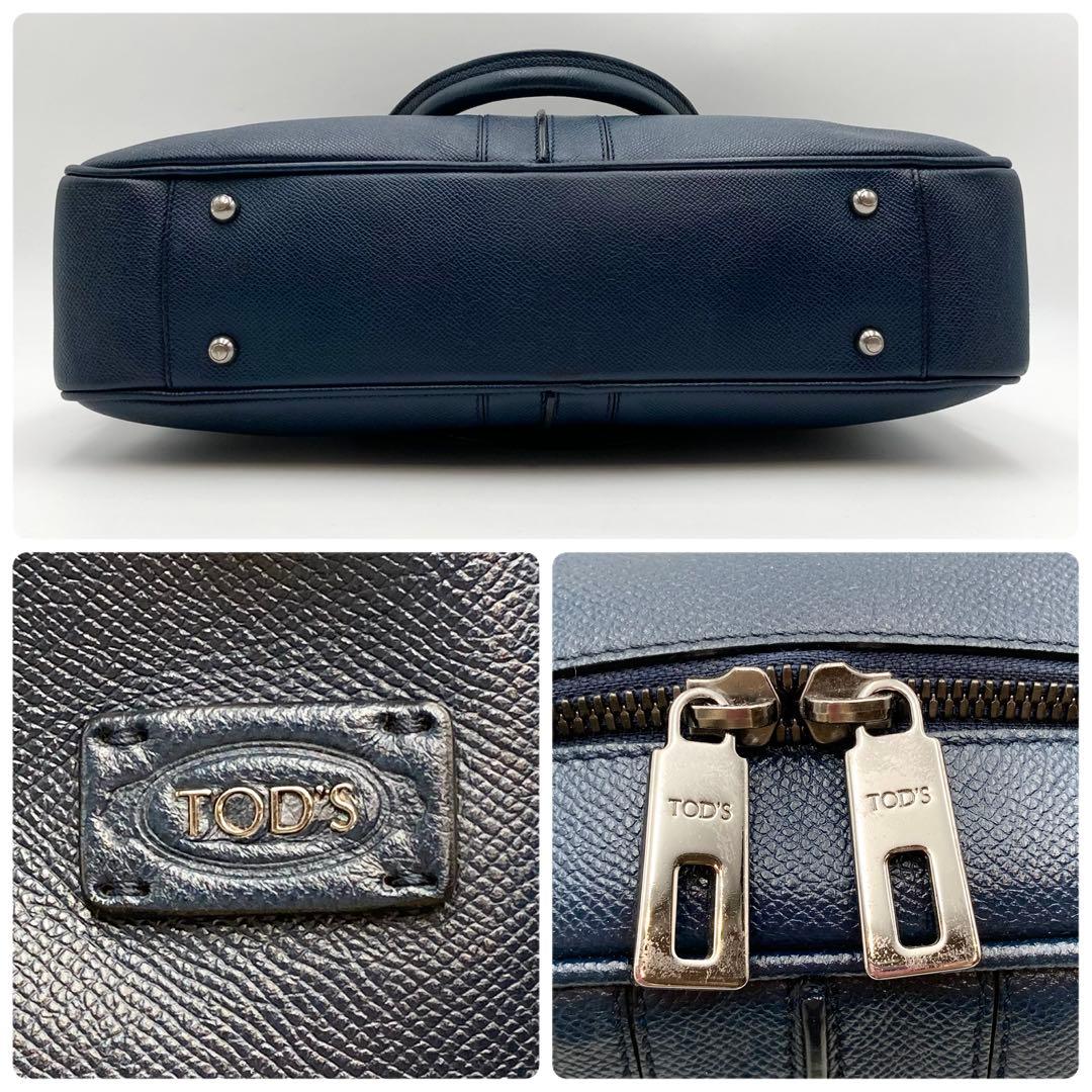 極美品✨TOD'S ビジネスバッグ レザー 紺色 A4 サイドロゴ スリム 仕事