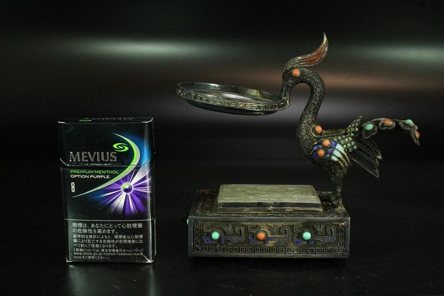 銀七宝 鳳 和田玉 白玉刻花鳥 宝石 珊瑚 象嵌 花鳥 饕餮(K-A156)