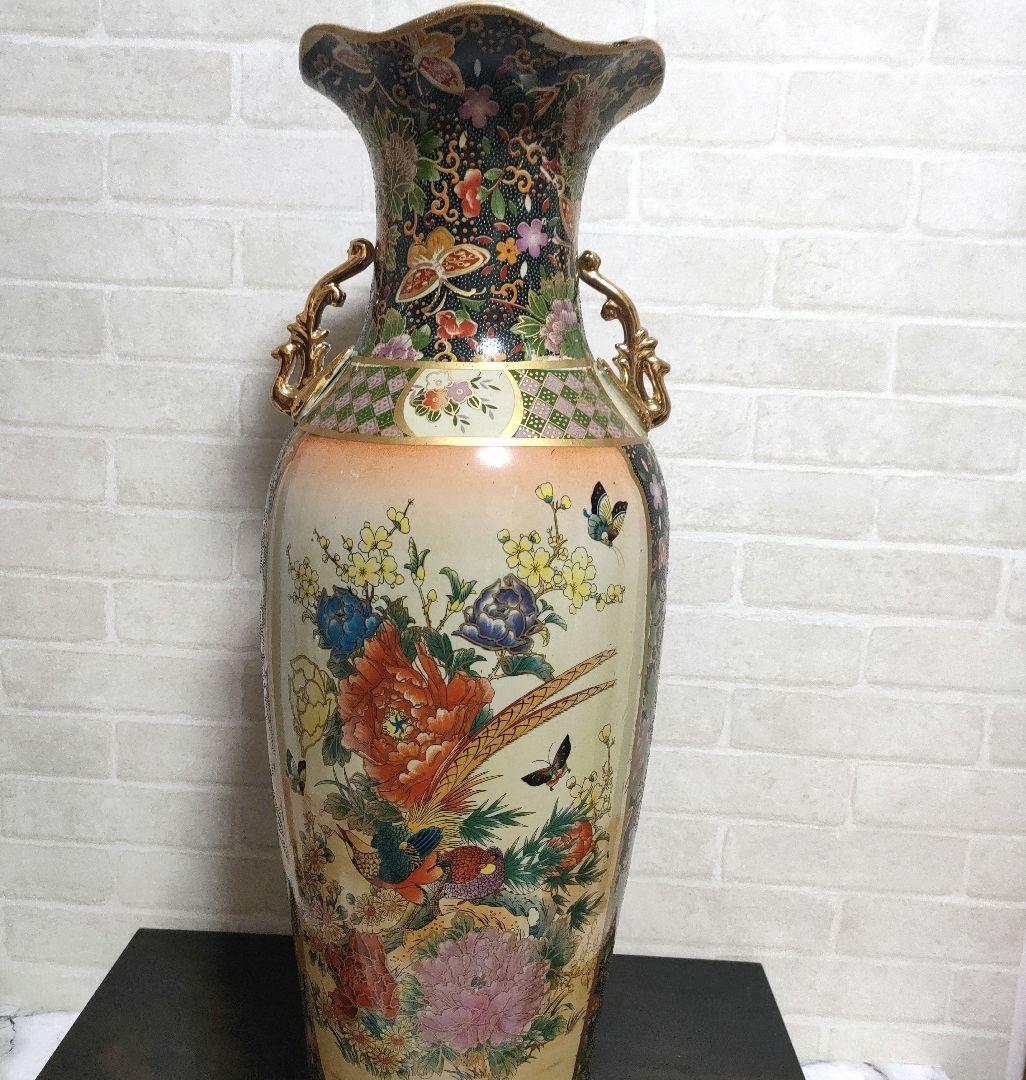 中国美術 大型飾り壺 双耳大花瓶 金彩 美人画 花鳥蝶 豪華爛漫 60cmサイズ