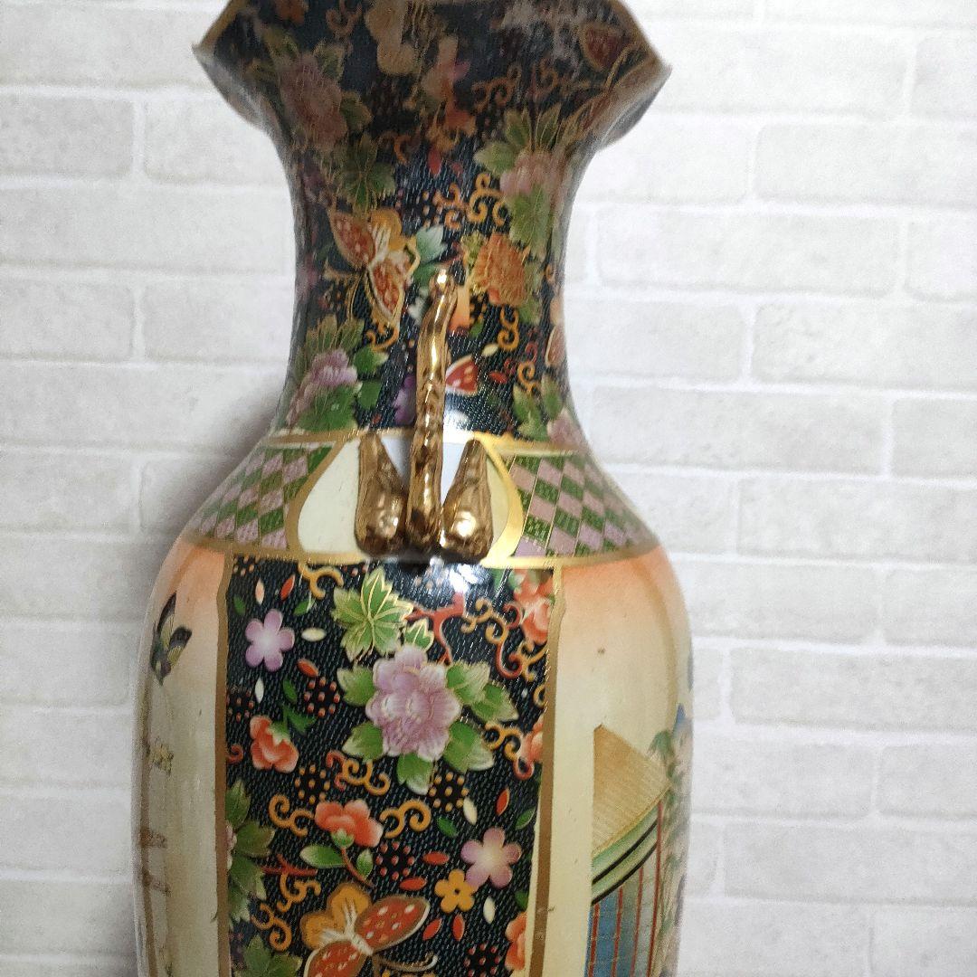 中国美術 大型飾り壺 双耳大花瓶 金彩 美人画 花鳥蝶 豪華爛漫 60cmサイズ