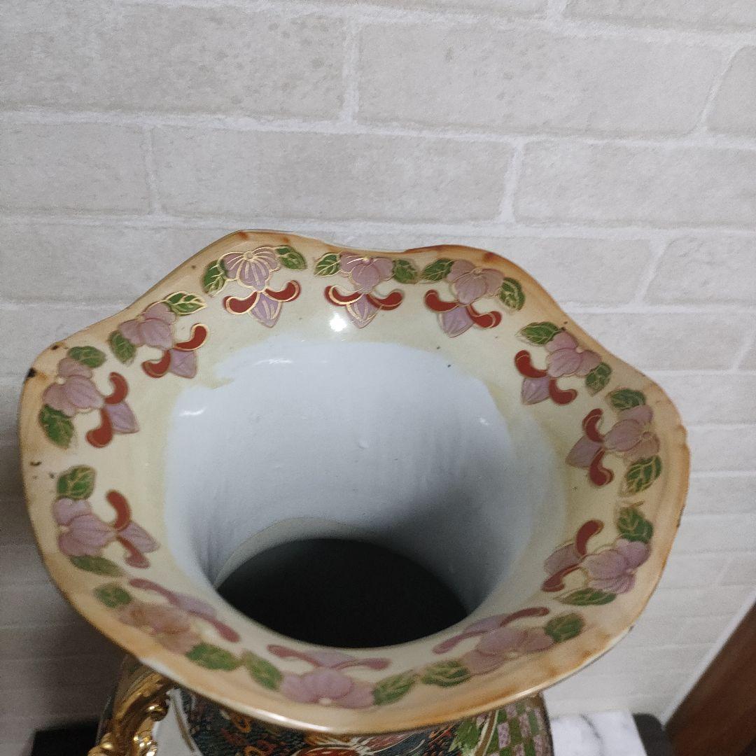 中国美術 大型飾り壺 双耳大花瓶 金彩 美人画 花鳥蝶 豪華爛漫 60cmサイズ