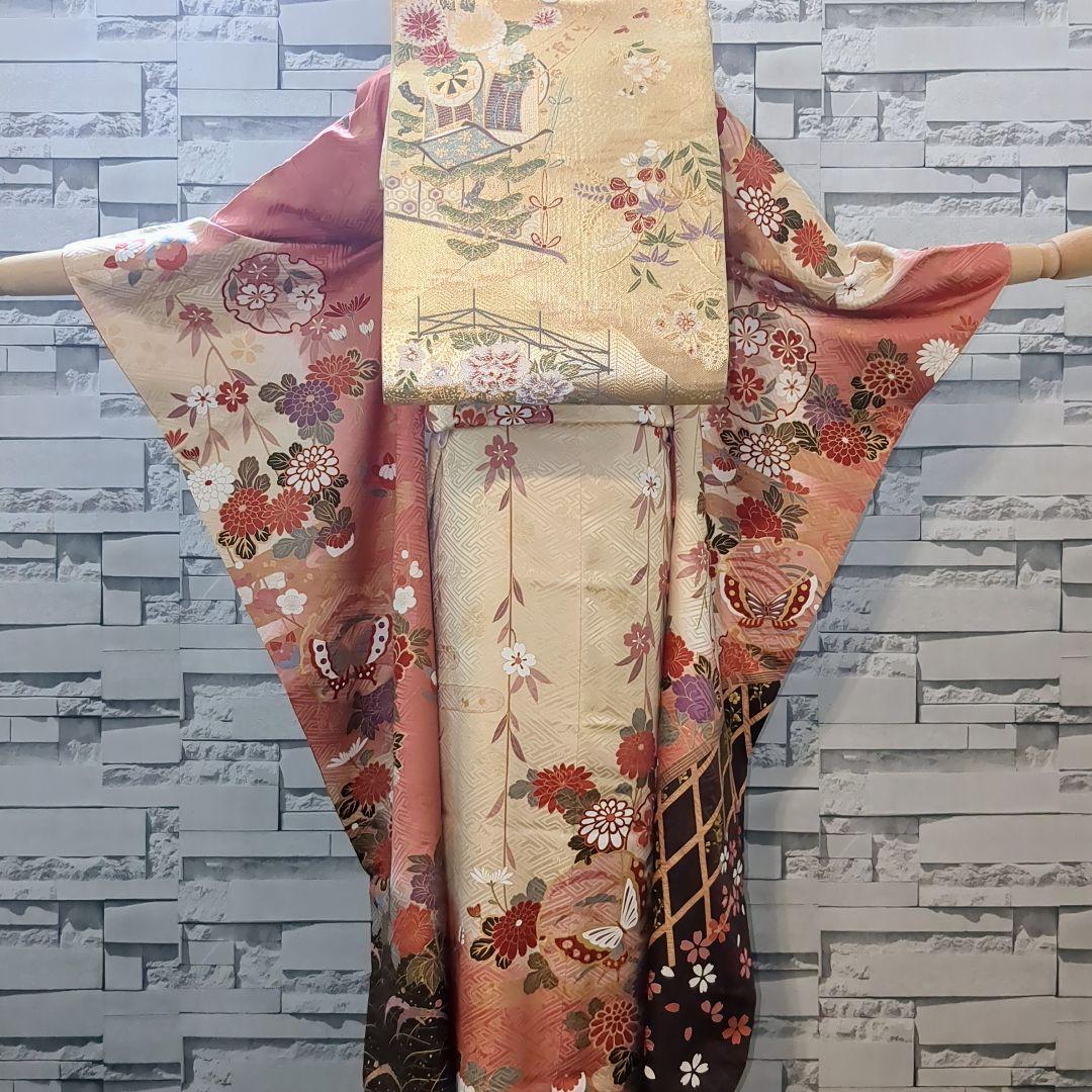 振袖セット 振袖フルセット 駒刺繍 雪輪花蝶文 金彩 ピンク系×クリーム 50