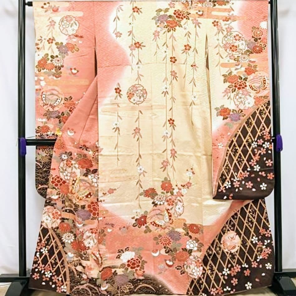 振袖セット 振袖フルセット 駒刺繍 雪輪花蝶文 金彩 ピンク系×クリーム 50