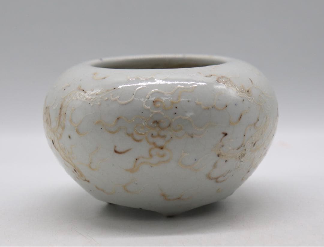 中国　明時代　白釉雙龍紋三足香炉　送料込み250107