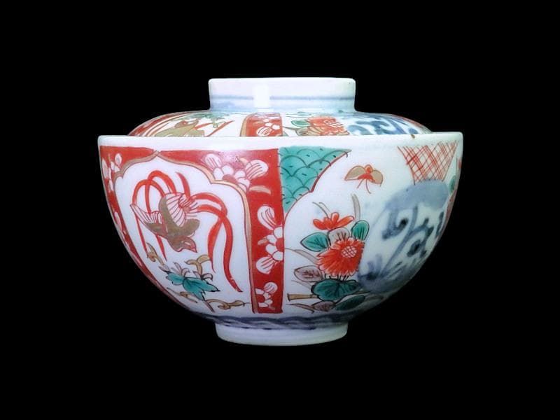 古伊万里　色絵　桐に鳳凰　丸紋に菊の図　蓋茶碗　４客　D200AS-fbut