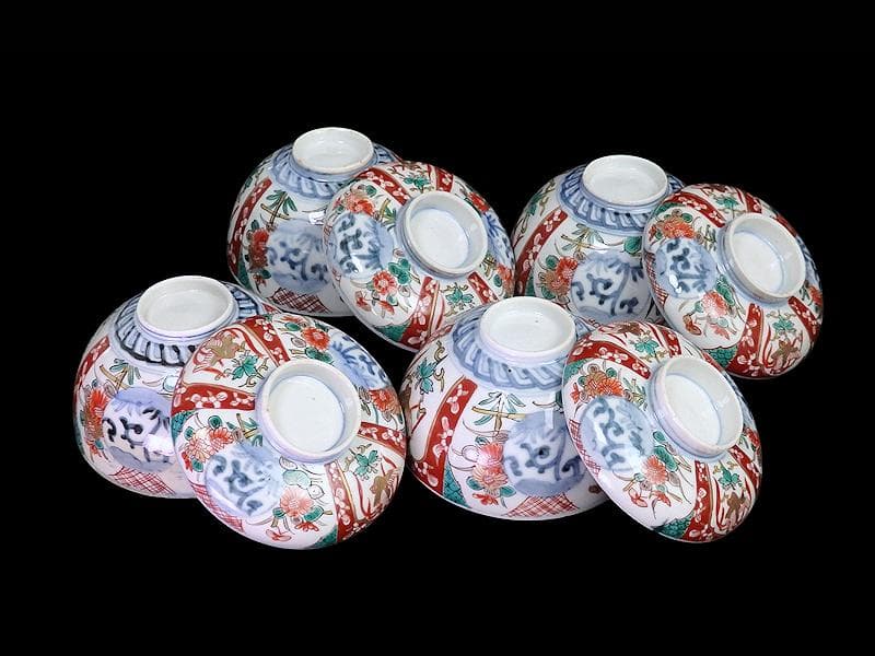 古伊万里　色絵　桐に鳳凰　丸紋に菊の図　蓋茶碗　４客　D200AS-fbut