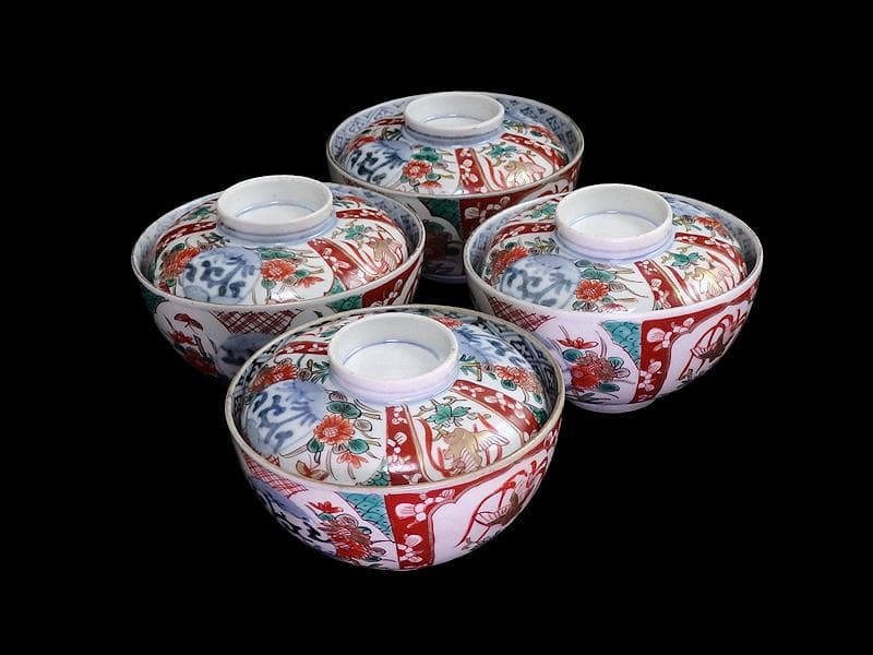 古伊万里　色絵　桐に鳳凰　丸紋に菊の図　蓋茶碗　４客　D200AS-fbut