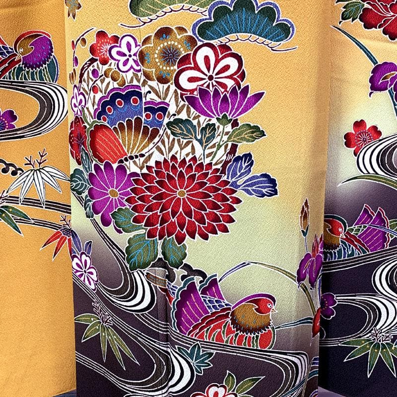 専用508z27.506y11.小物〇紅型振袖 松竹梅 オシドリ 辛子色〇美品