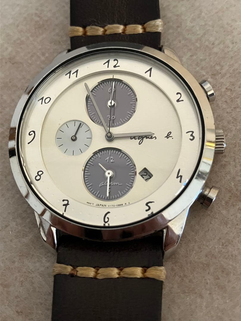 値下げ 稼働★アニエス・ベー クロノグラフ アイボリーメンズ ソーラー腕時計