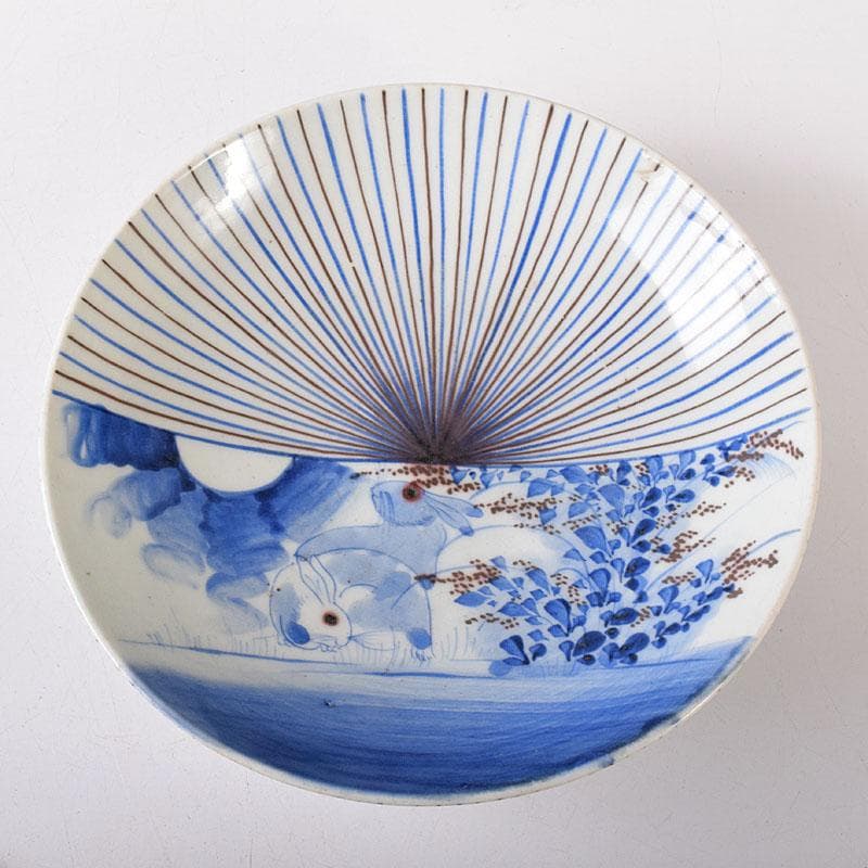 k8t　伊万里焼　古伊万里　染付　乱線草兎花文　高台皿　7692