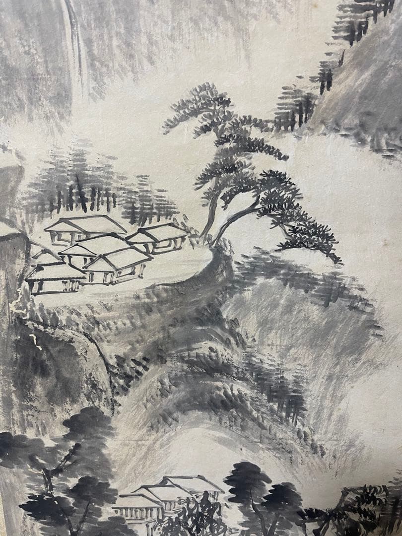 あきら◇◆日本の水墨画 山と家の風景 掛け軸