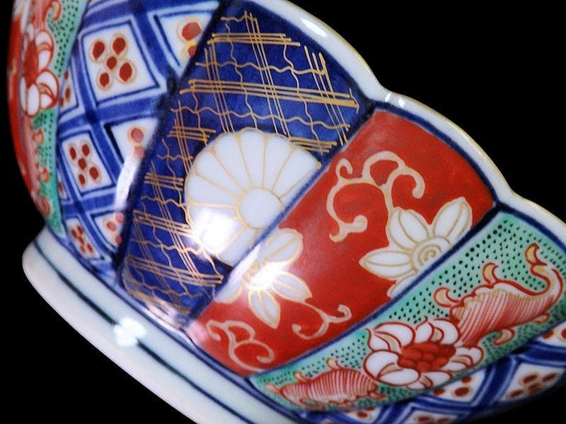 大聖寺伊万里　金襴手　寿紋に輪花楕円変形皿　大振向付　E704AS-CZk