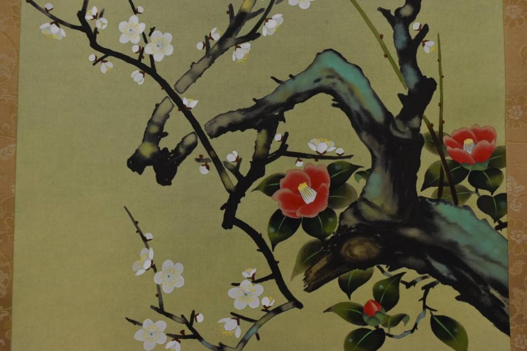 真作/紅葉/梅花椿之図//掛軸☆宝船☆Z-902