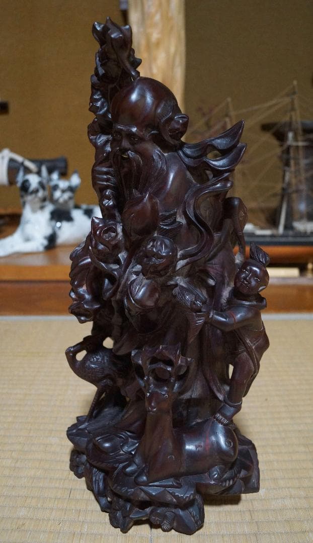中国美術/ 唐木彫細工彫り『唐子寿老人立像 桃仙人』 置物 高41.5m