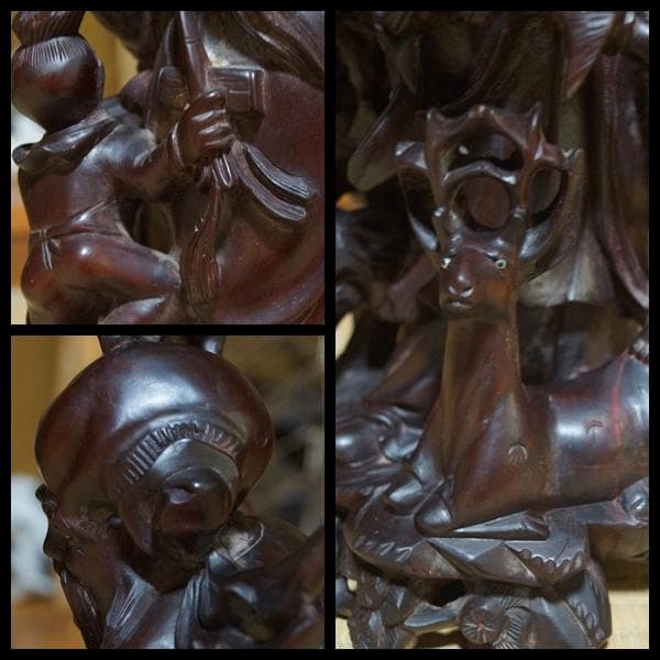 中国美術/ 唐木彫細工彫り『唐子寿老人立像 桃仙人』 置物 高41.5m