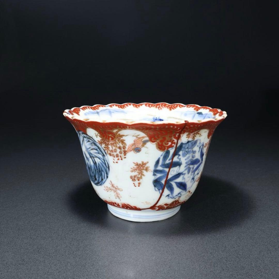 伊万里金襴手花図大向付∅13㎝　骨董　古伊万里　漆直し　R0286w3ダB