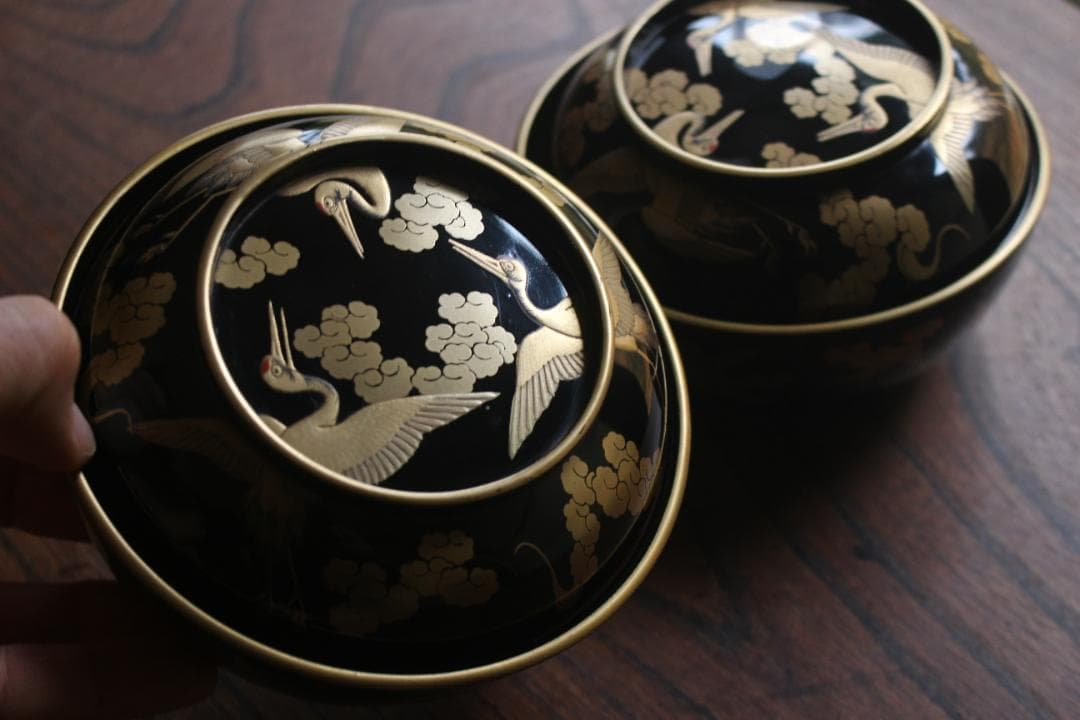 高台縁傷のみ！時代金縁黒漆に極上雲鶴蒔絵の映える煮物椀2点（検京塗輪島塗雑煮椀