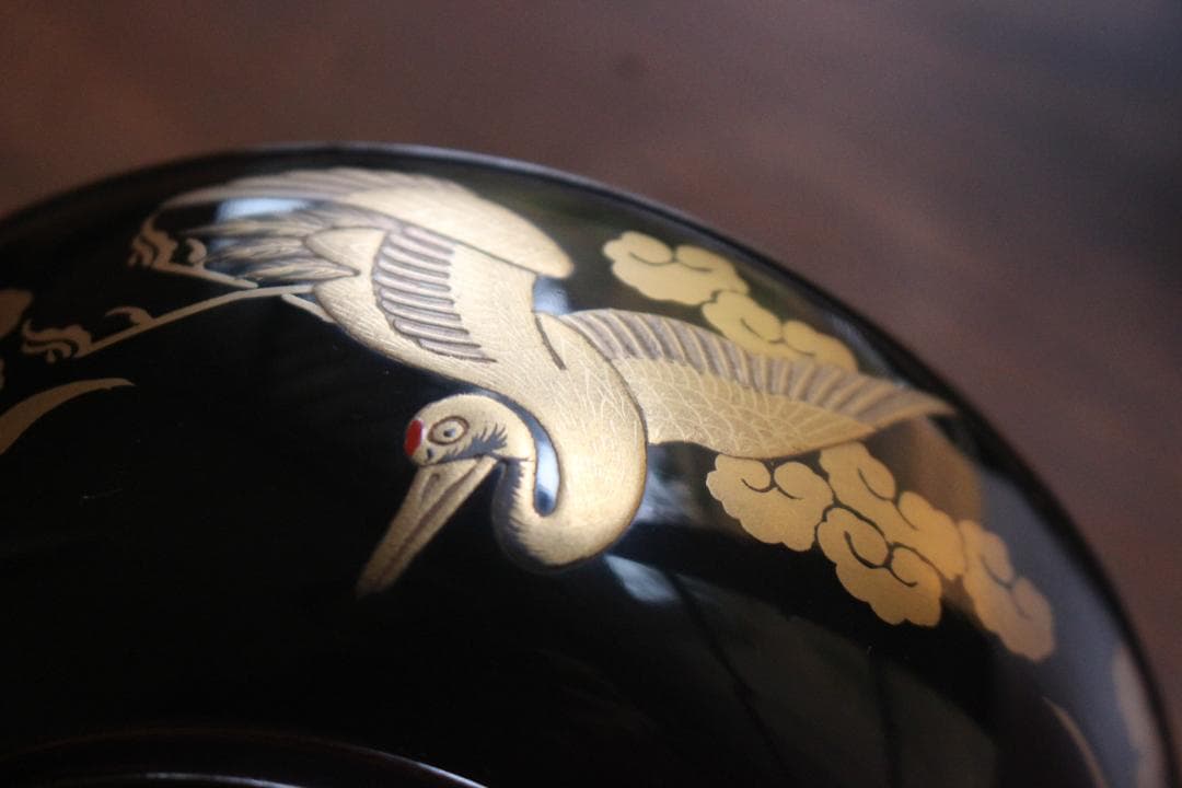 高台縁傷のみ！時代金縁黒漆に極上雲鶴蒔絵の映える煮物椀2点（検京塗輪島塗雑煮椀
