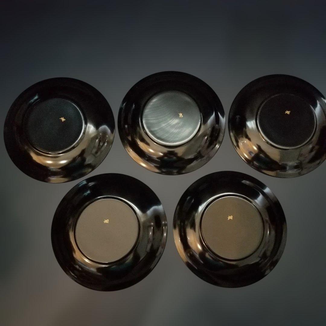 輪島塗 黒漆 沈金 金菊蒔絵 中皿 5枚セット