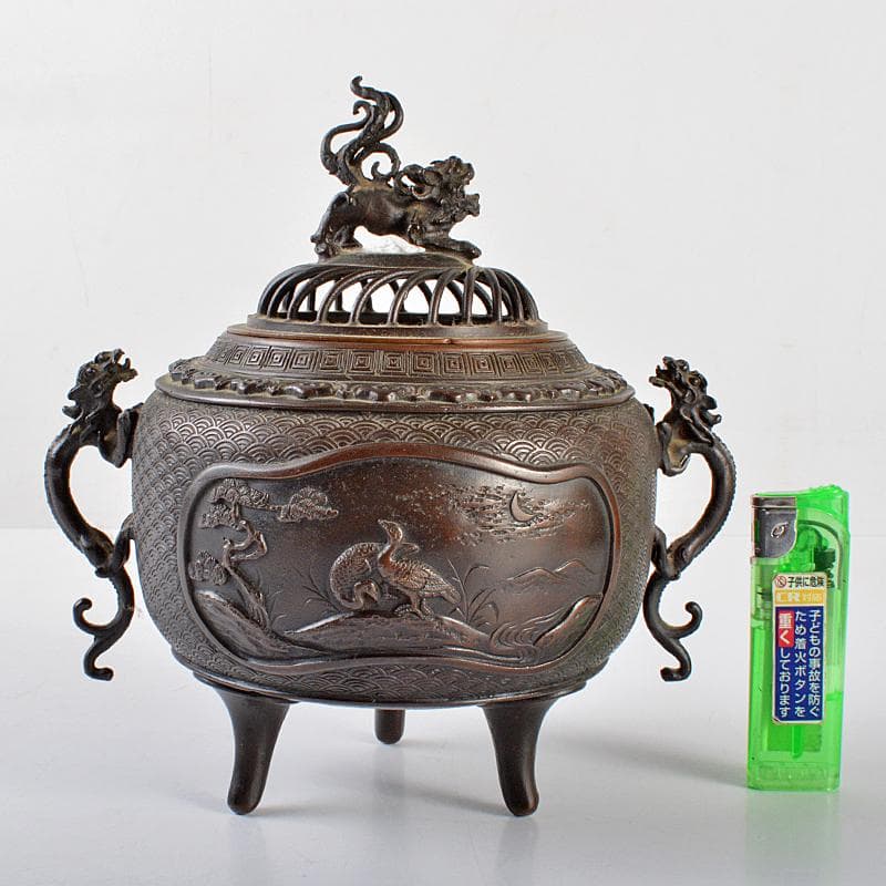 高岡銅器　米田秀保作　蝋型鋳銅　獅子摘　山水鳥文　双龍耳香炉　M　R5503