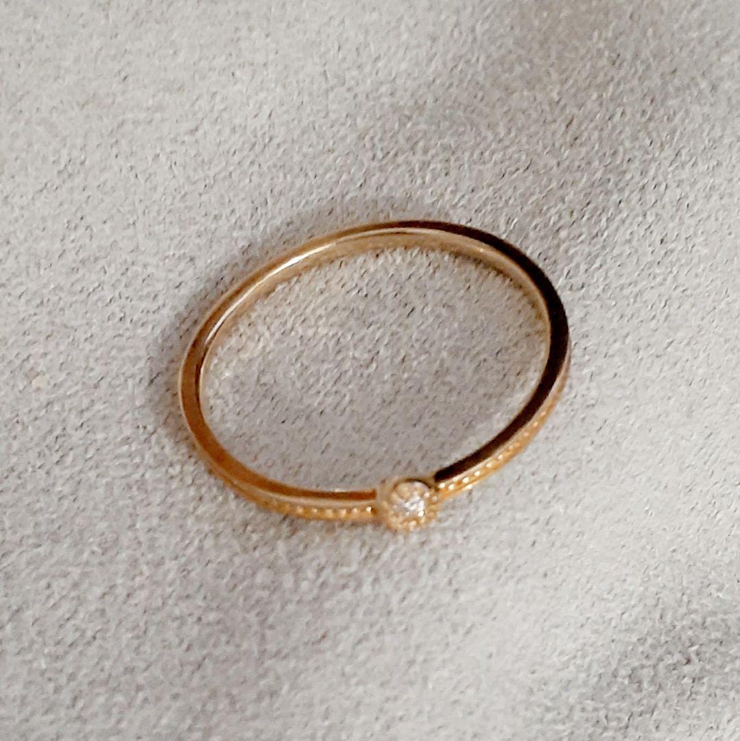 エテ K10YG レイヤード ミル打ち 1粒ダイヤモンド リング