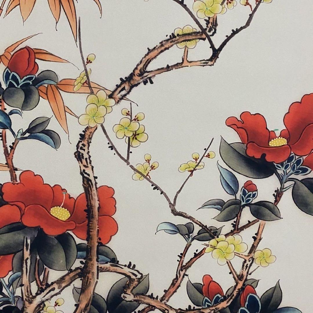 四尺 中堂 花鳥画 茶花小鳥図 華嵒 宣紙 表装済み 防伪証明書付