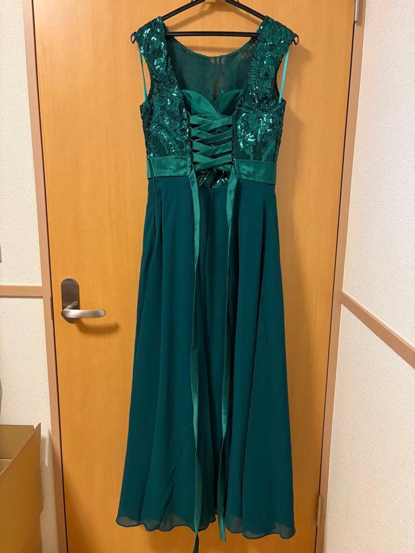 演奏会向けロングドレス(ダークグリーン ビーズ刺繍 )