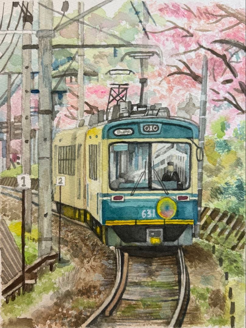 水彩画(F4サイズ、嵐電の風景)