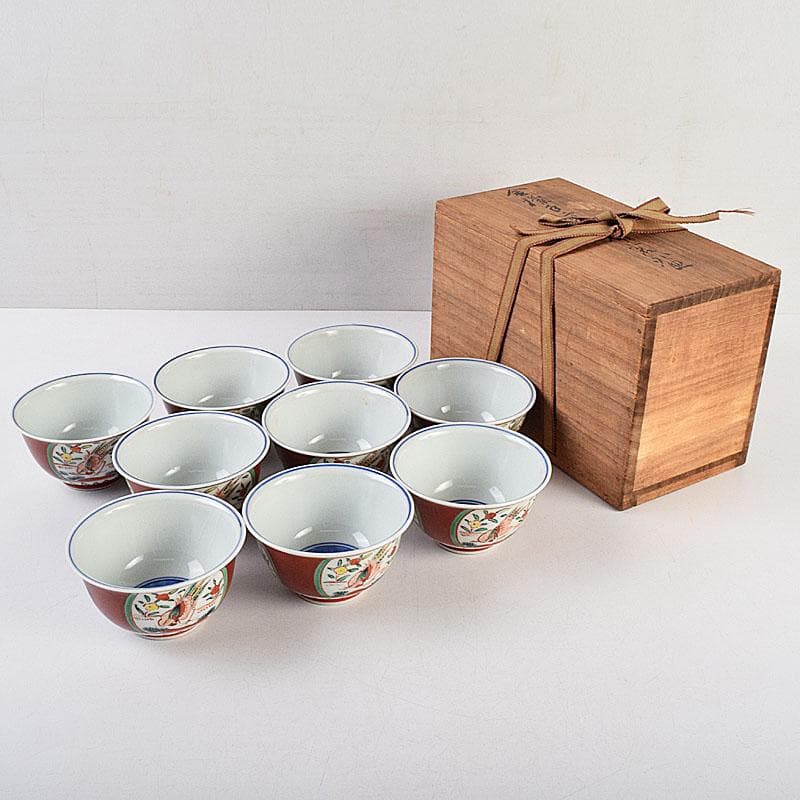 九谷焼　清々軒　矢口永寿造　金襴手写　花鳥文　煎茶碗　九客　共箱　M　R9404