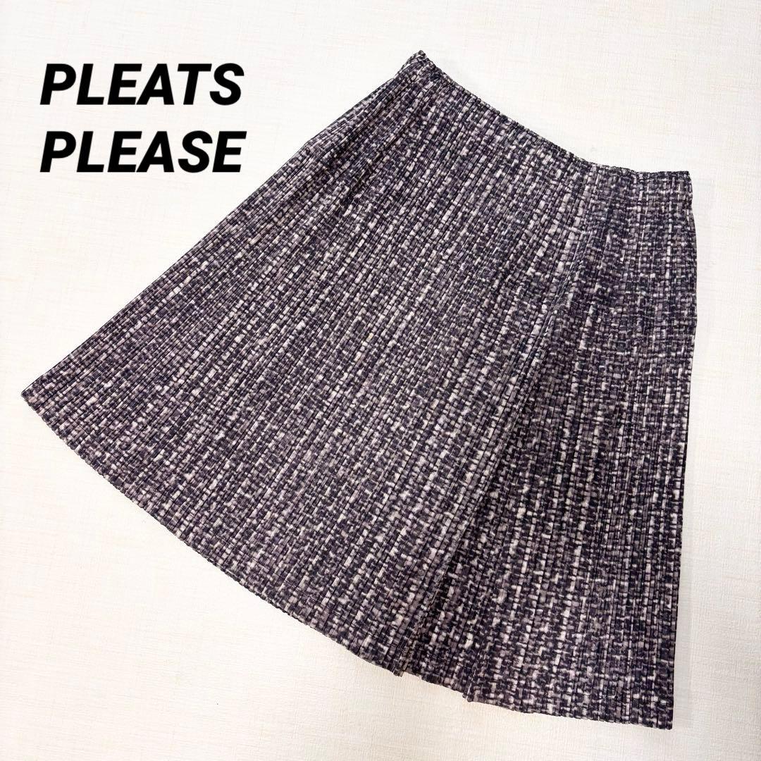 美品　プリーツプリーズ　ひざ丈スカート　総柄　ブラウン　サイズ3