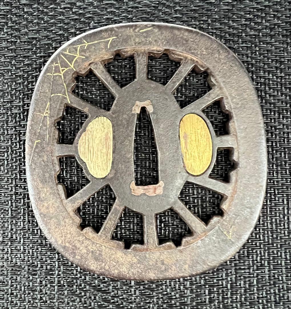 刀鍔 無名肥後 楽寿 透かし鍔 責金 年代物 桐箱付き(鍔布団有) アンティーク