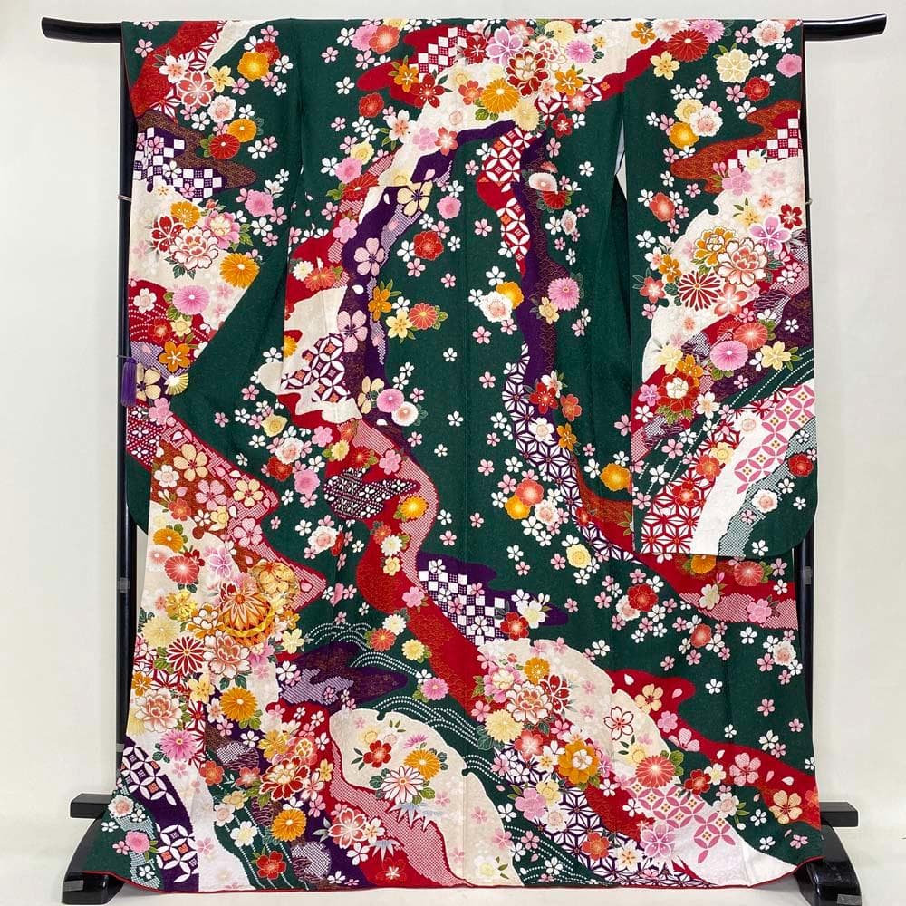 振袖フルセット 緑 グリーン 成人式 草履バック付 裄66cm S-188