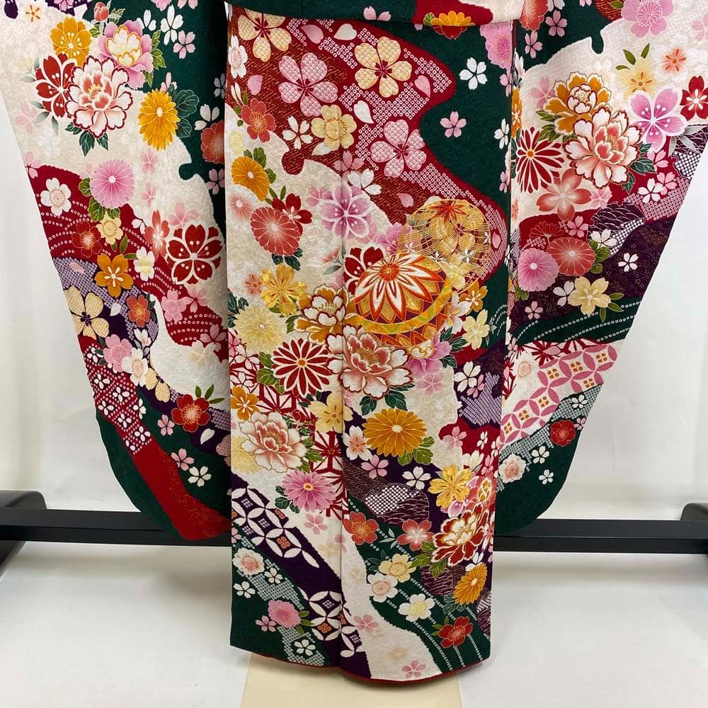 振袖フルセット 緑 グリーン 成人式 草履バック付 裄66cm S-188