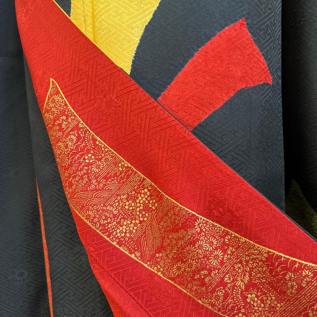 449 振袖フルセット 正絹 黒 赤 黄 緑 束ね熨斗 シンプル クール シック