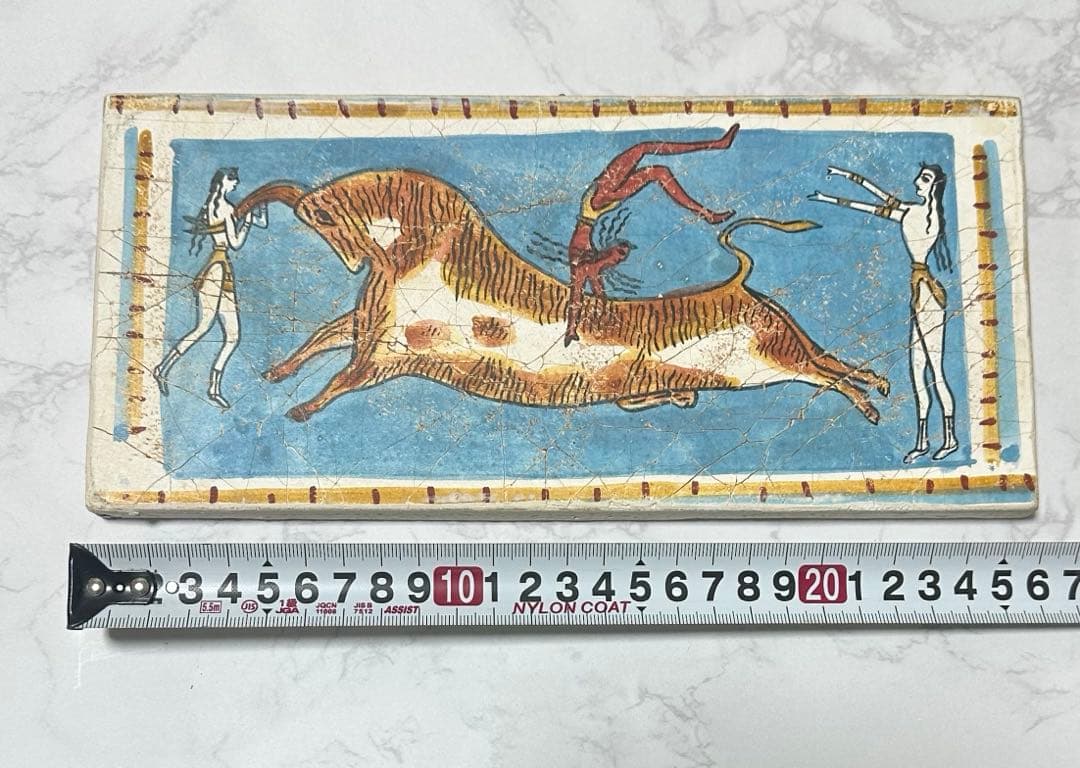 【希少】ギリシャ クノッソス宮殿 壁画「牛跳び」レプリカ プレート　ハンドメイド