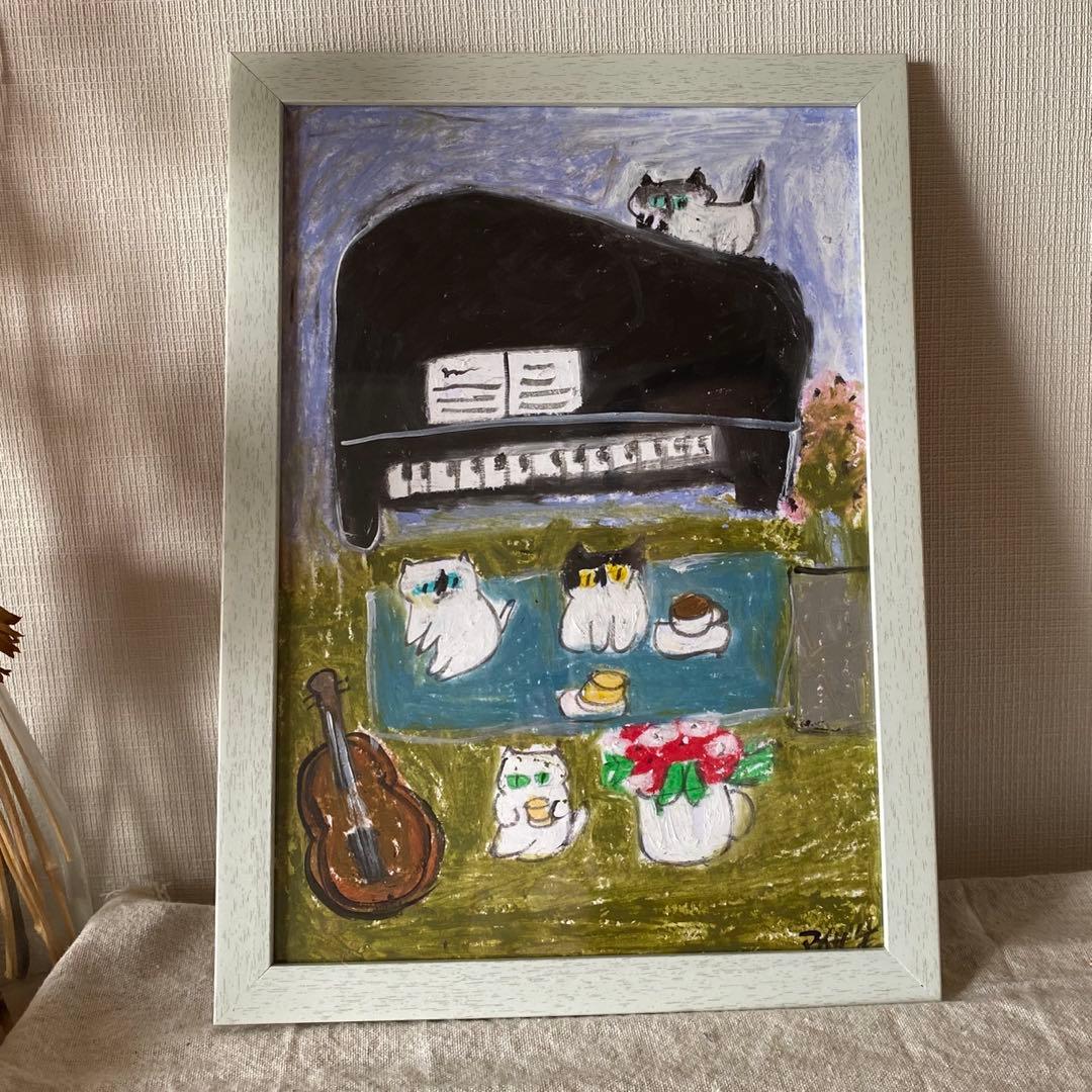 絵画。壁掛け原画【可愛い猫たちのロマンチックなピアノ演奏会】