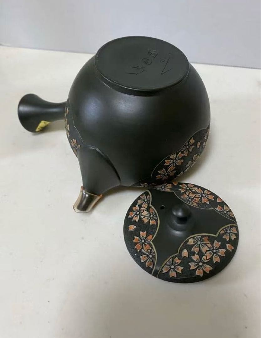 13号 緑泥丸形桜彫急須舜園 常滑燒 陶磁器 二代間野舜園 在銘