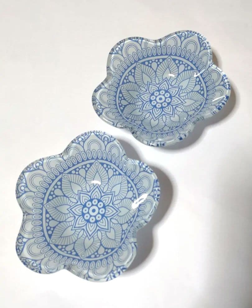 デザートボウル ■ 5点 ガラスボウル 皿 オリエンタル柄 青 蚤の市