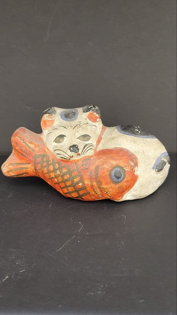 おめでたい③お正月玄関に 明治時代 鯛猫 ガラ入 古い練り人形 土人形 郷土玩具