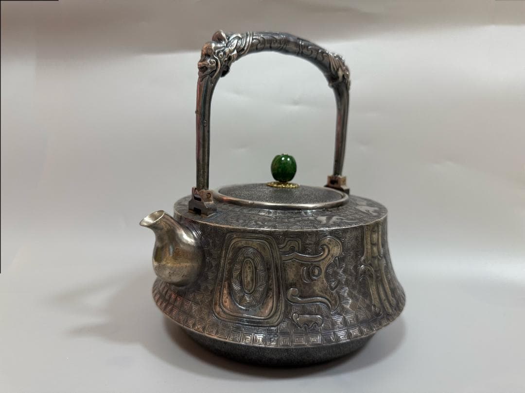 純銀製 饕餮紋 玉摘 銀瓶 煎茶道具 湯沸 重量798g
