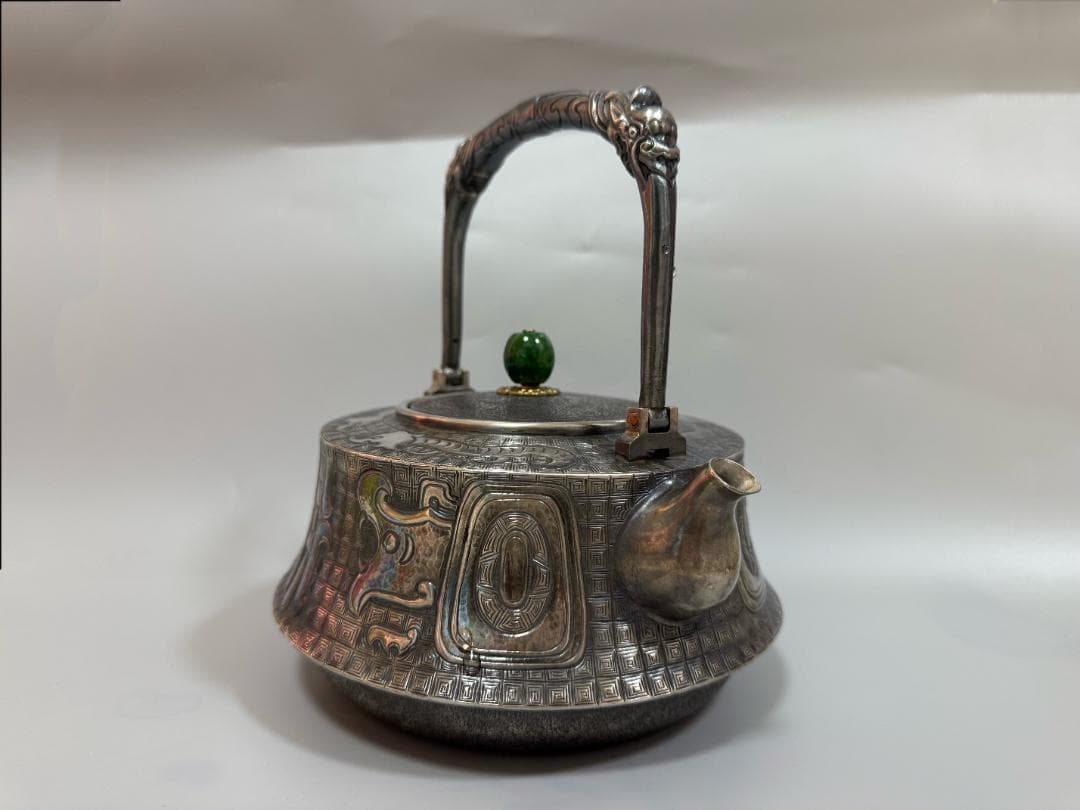 純銀製 饕餮紋 玉摘 銀瓶 煎茶道具 湯沸 重量798g